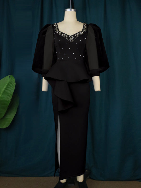 Damen Elegantes Abendkleid mit funkelnden Perlen und voluminösen Tüllärmeln EB