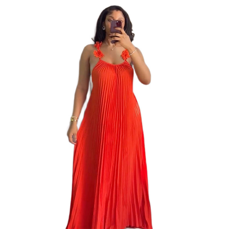 Damen Elegantes Maxikleid mit lässigem Faltenwurf und dekorativen Schulterblüten EB