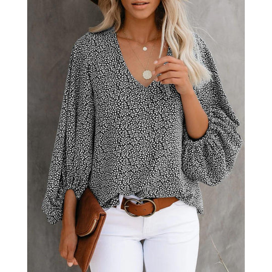Damen Bluse mit weitem Puffärmel und eleganter V-Ausschnitt EB