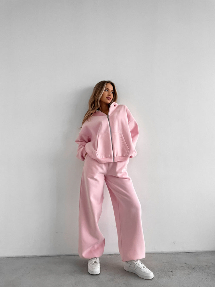 Damen Loungewear-Set EB: Oversized Zip-Hoodie mit Kapuze und weiter High-Waist Sweatpant aus Soft-Fleece
