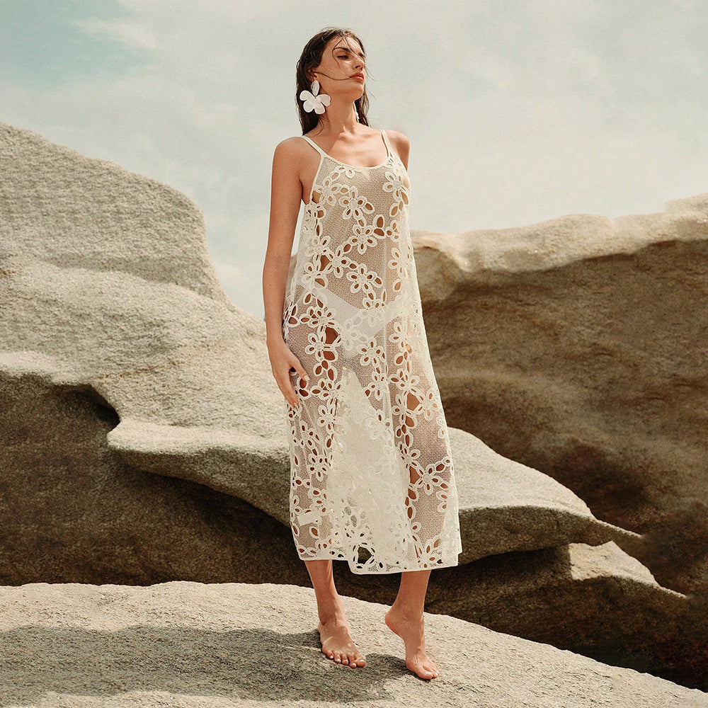 Damen elegantes transparentes Strandkleid mit floralen Häkelverzierungen EB