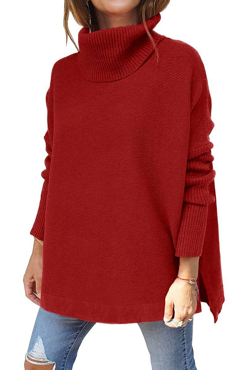 Damen Strickpullover mit hohem Kragen und seitlichen Schlitzen EB