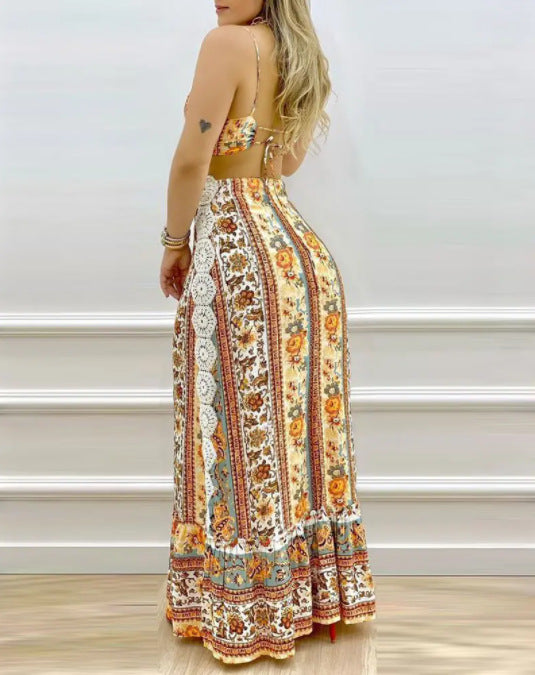 Damen Zweiteiliges Boho-Outfit mit floralen Mustern und Rüschen EB