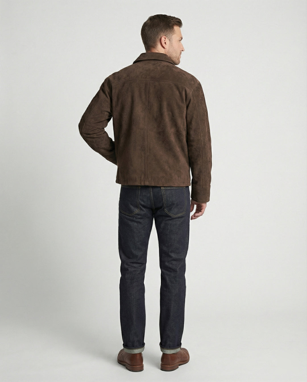 Herren kastige Velourslederjacke mit hohem Kragen Hakenverschluss und Ärmeltasche EB