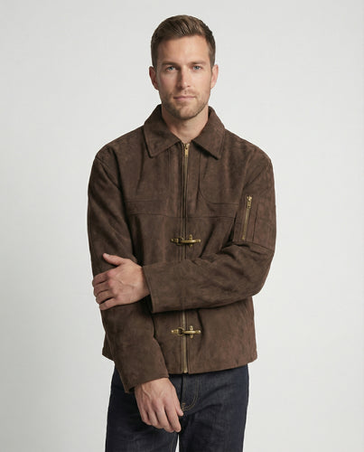 Herren kastige Velourslederjacke mit hohem Kragen Hakenverschluss und Ärmeltasche EB