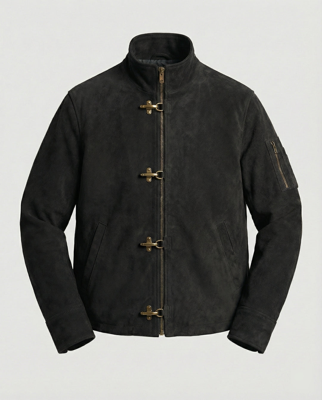 Herren kastige Velourslederjacke mit hohem Kragen Hakenverschluss und Ärmeltasche EB