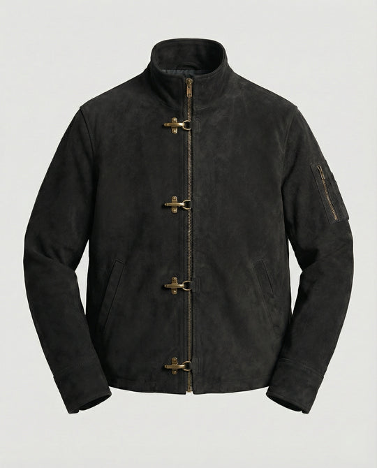 Herren kastige Velourslederjacke mit hohem Kragen Hakenverschluss und Ärmeltasche EB