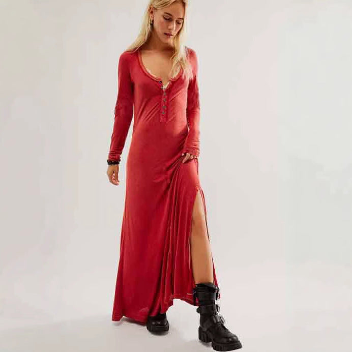 Damen Maxikleid mit knopflosem Ausschnitt und seitlichem Schlitz EB