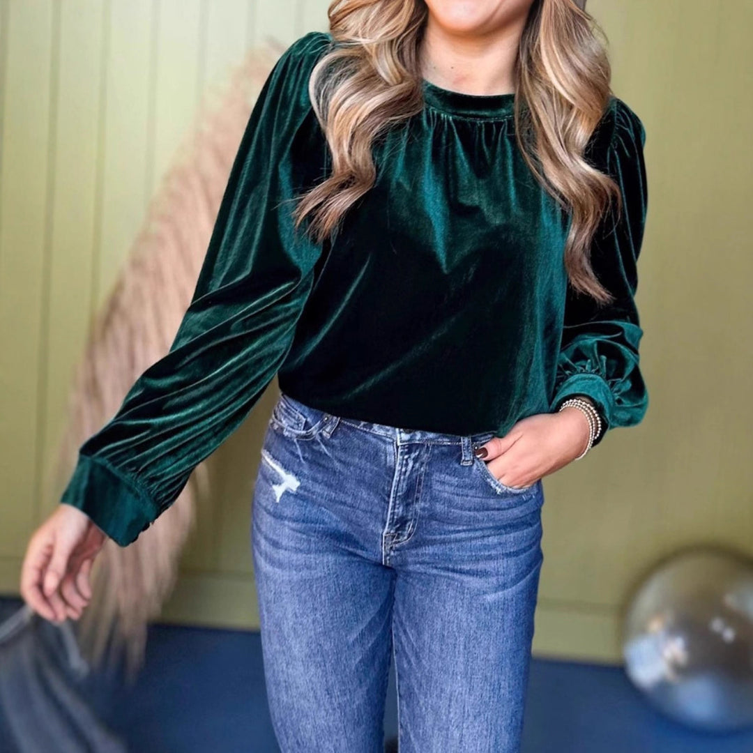 Damen Samtbluse mit Ballonärmeln und gerafftem Stehkragen EB