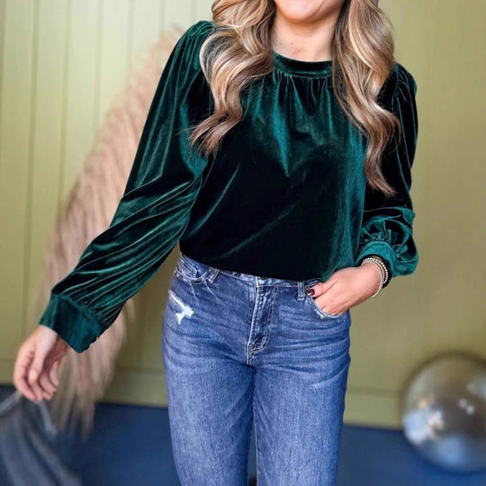 Damen Samtbluse mit Ballonärmeln und gerafftem Stehkragen EB