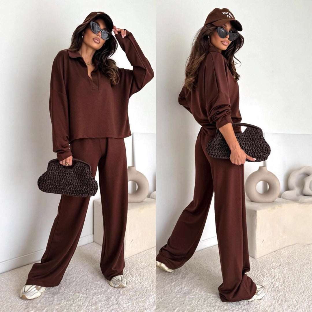 Damen Loungewear-Zweiteiler mit Hemdkragen-Cropped-Sweatshirt und weiter Palazzo-Hose Eichborn Berlin