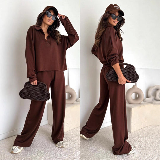 Damen Loungewear-Zweiteiler mit Hemdkragen-Cropped-Sweatshirt und weiter Palazzo-Hose Eichborn Berlin