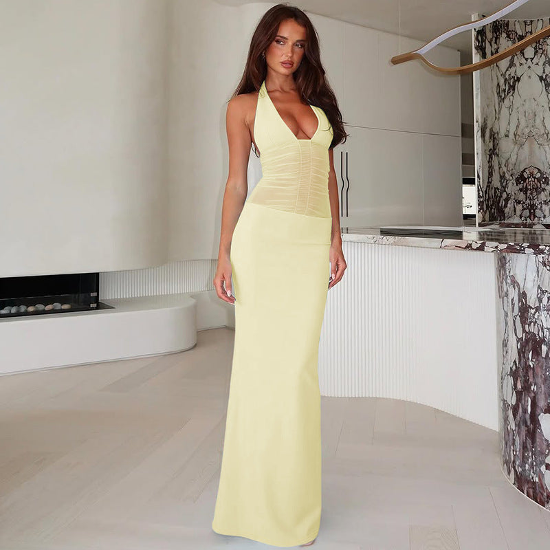Damen Elegantes langes Kleid mit hochwertiger Drapierung und raffiniertem Halterneck EB