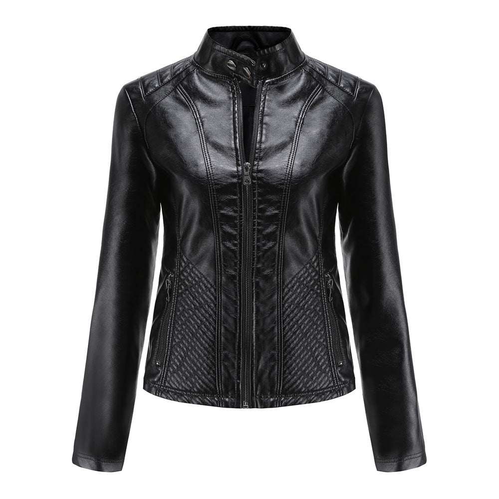 Damen nan taillierte Kunstlederjacke im Bikerstil mit Stehkragen und gesteppter Seitenpartie EB