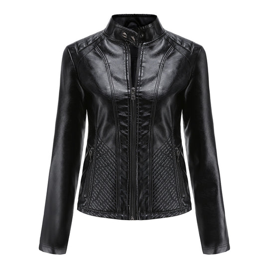 Damen nan taillierte Biker-Kunstlederjacke mit Stehkragen und gesteppter Seitenpartie EB