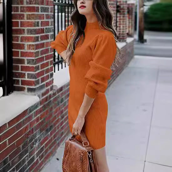 Damen Strickkleid mit hohem Kragen und Puffärmeln EB