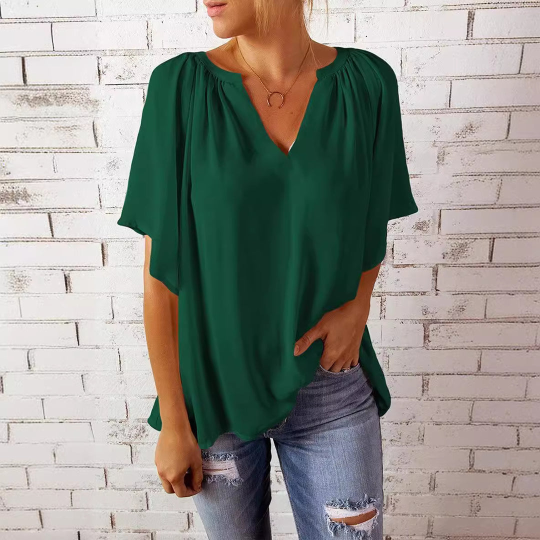 Damen luftige Bluse mit V-Ausschnitt und sanftem Faltenwurf EB