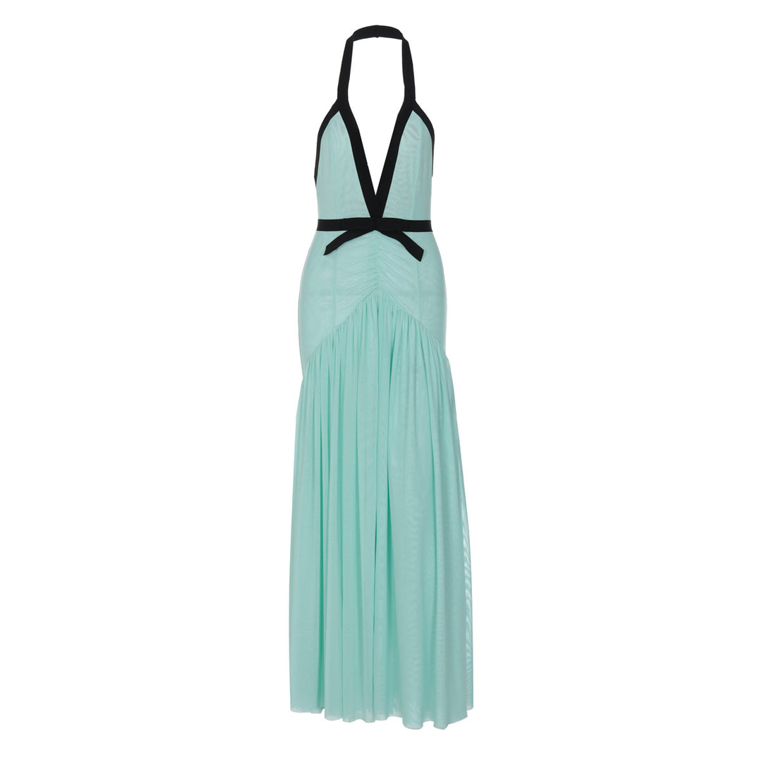 Damen Maxikleid mit tiefem V-Ausschnitt und innovativer Raffung EB
