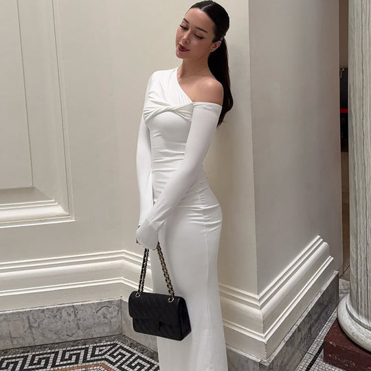 Damen Elegantes langärmliges Kleid mit asymmetrischem Ausschnitt EB