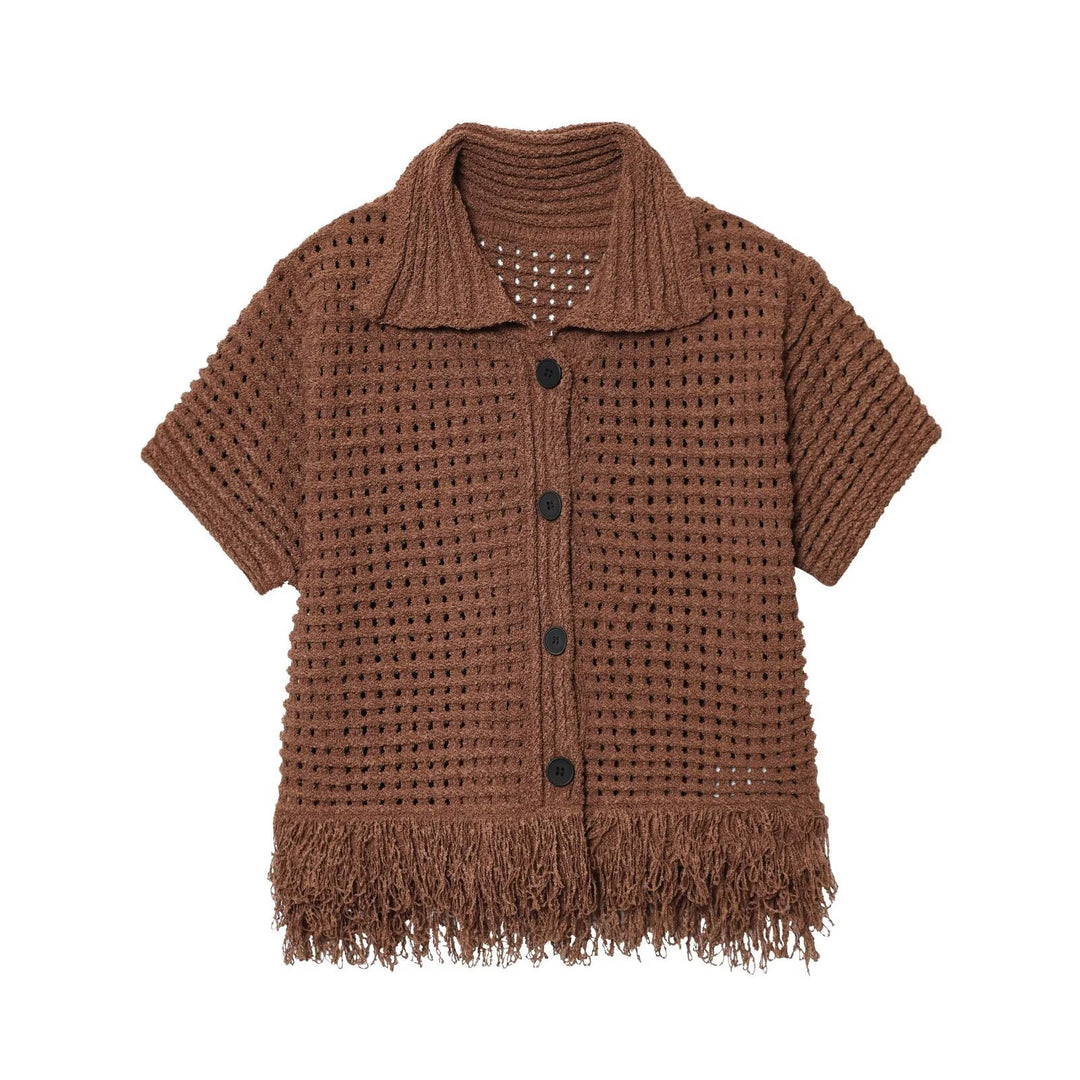 Damen Kurzarm-Strickjacke mit fransigem Saum und dekorativen Knöpfen EB