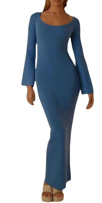 Damen elegantes Maxikleid mit tiefem Rundhals und modernen Trompetenärmeln EB