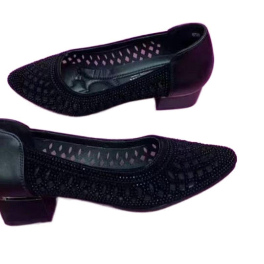 Damen elegante Ballerinas mit funkelndem Strass und komfortablem Blockabsatz EB