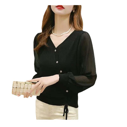 Damen eleganter Strickpullover mit Knopfdetails und transparenten Ärmeln EB
