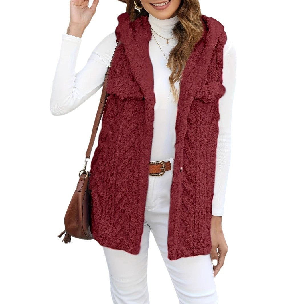 Damen lange Strickweste mit kapuze und aufgesetzten Taschen EB
