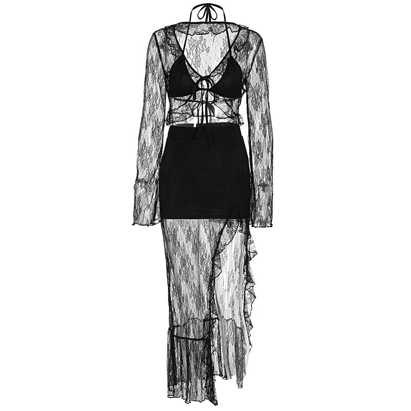 Damen Transparente Bluse mit Rüschenärmel und frechem Bindeband EB