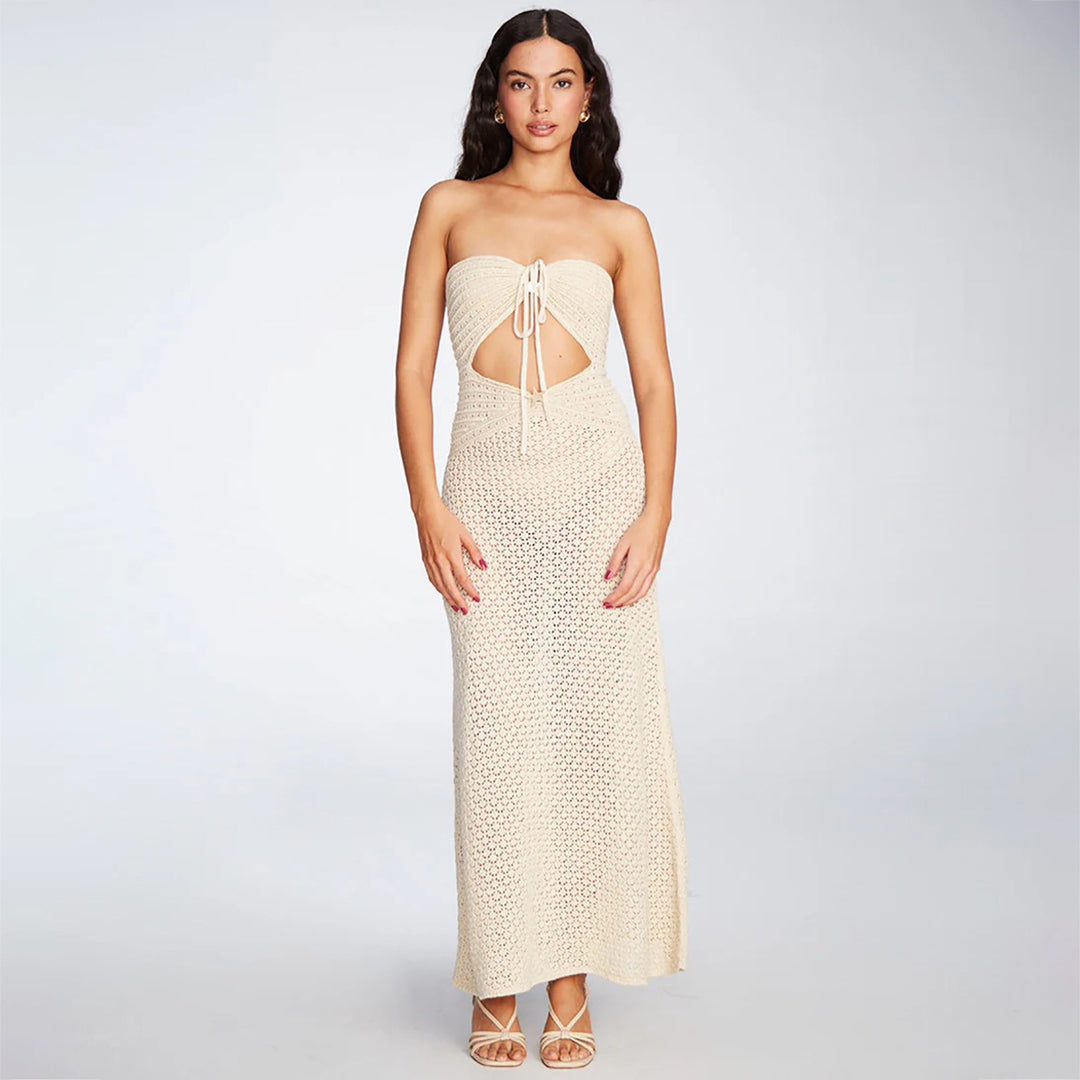 Damen gehäkeltes Maxikleid mit tiefem V-Ausschnitt und seitlichem Cut-Out EB