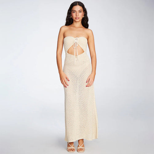 Damen gehäkeltes Maxikleid mit tiefem V-Ausschnitt und seitlichem Cut-Out EB