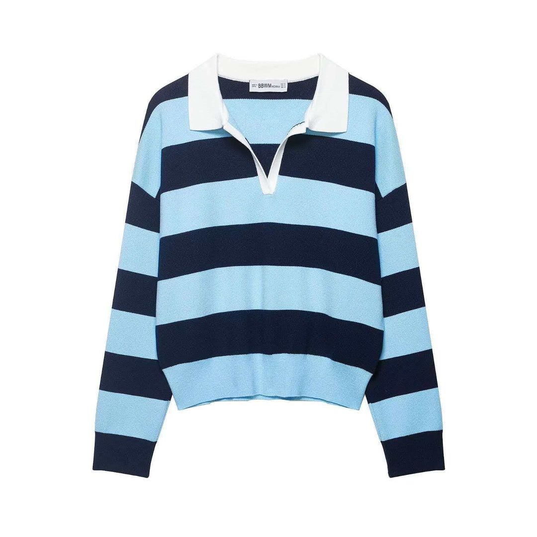 Damen nan gestreifter Rugby-Strickpullover mit Polokragen und weiter Oversize-Passform EB