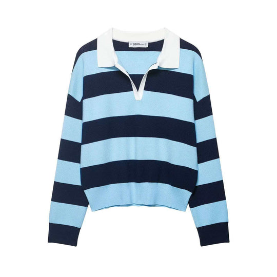 Damen nan gestreifter Rugby-Strickpullover mit Polokragen und weiter Oversize-Passform EB