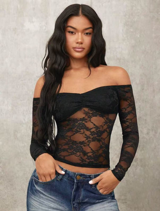 Damen Off-Shoulder Spitzenoberteil mit langen Ärmeln und romantischen Details EB