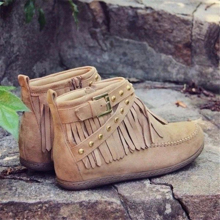 Damen Mokassin Stiefeletten mit modischen Fransen und dekorativen Nieten EB