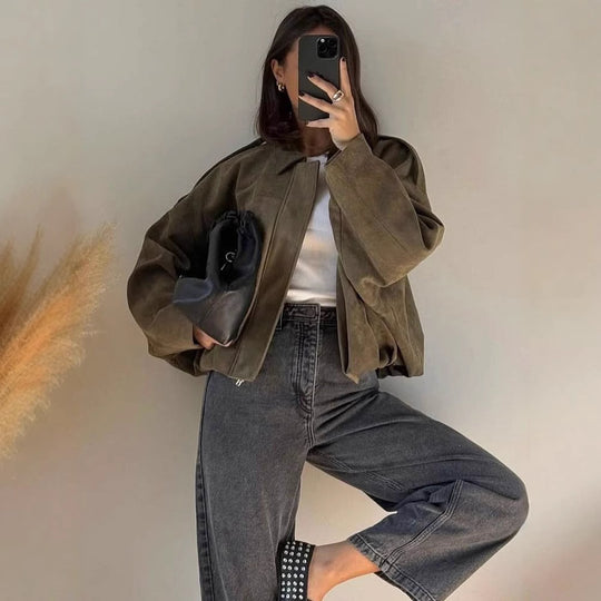 Damen oversized Kunstlederjacke mit elastischem Bund EB