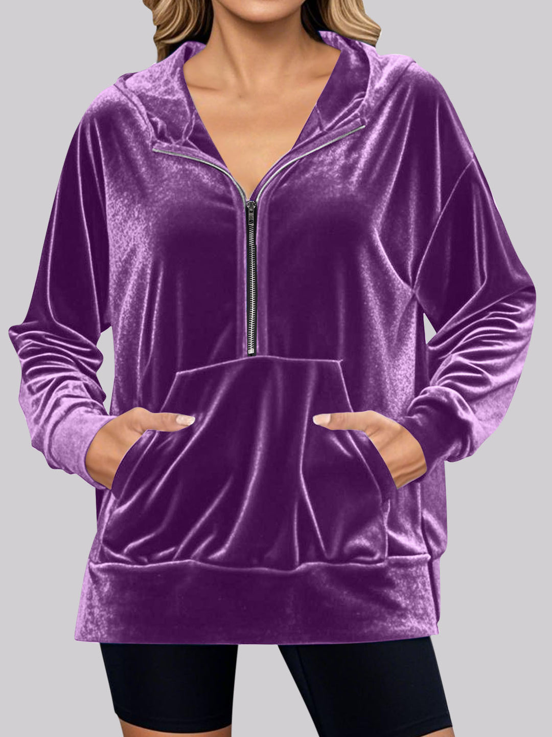Damen kuscheliges Fleece-Hoodie mit praktischen Taschen und halbem Reißverschluss EB