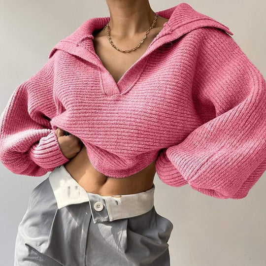 Damen nan Grobstrick-Pullover mit weitem Kragen und V-Ausschnitt EB