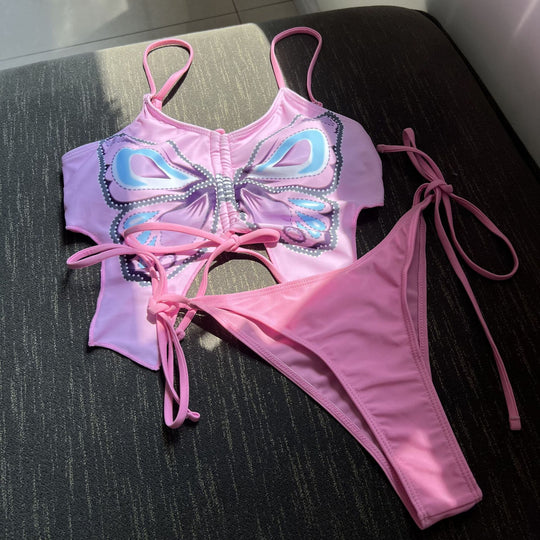 Damen Bikini Top mit Schmetterlingsmuster und passendem Slip EB