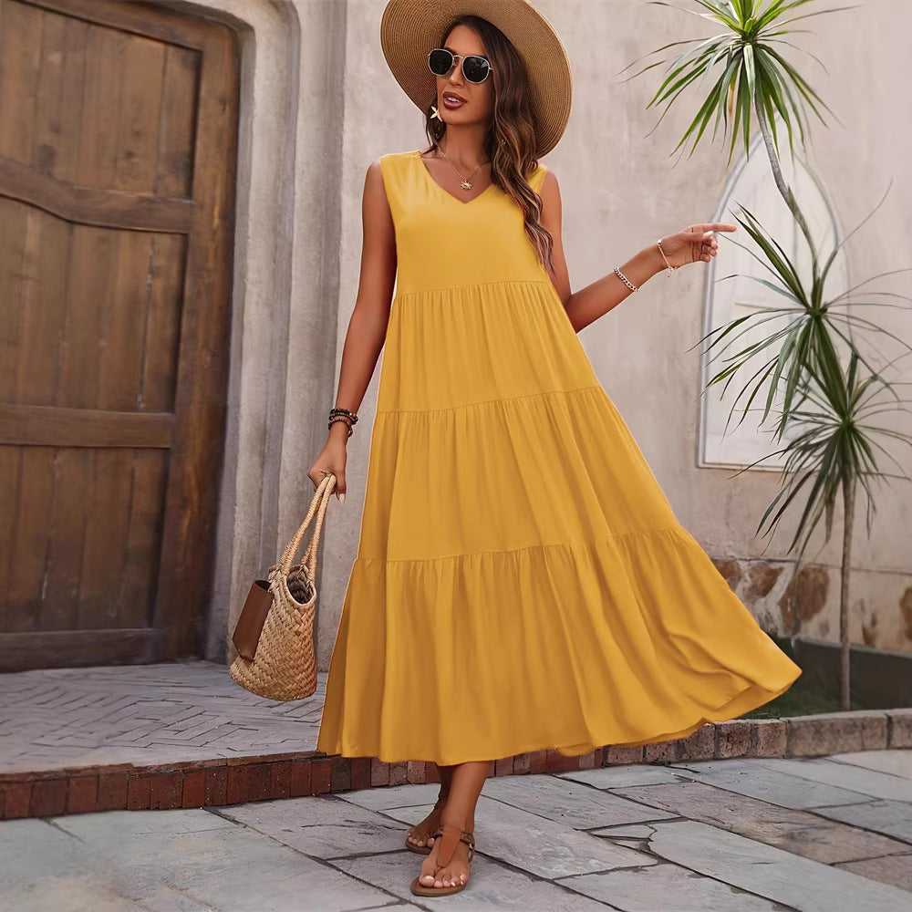 Damen Elegantes Sommer-Maxi-Kleid mit voluminösem Rock und V-Ausschnitt EB