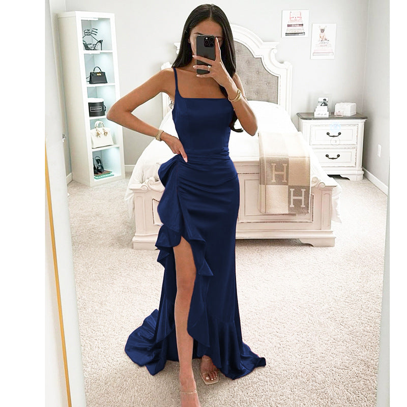 Damen elegantes Maxikleid mit seitlichem Schlitz und fließendem Rüschensaum EB