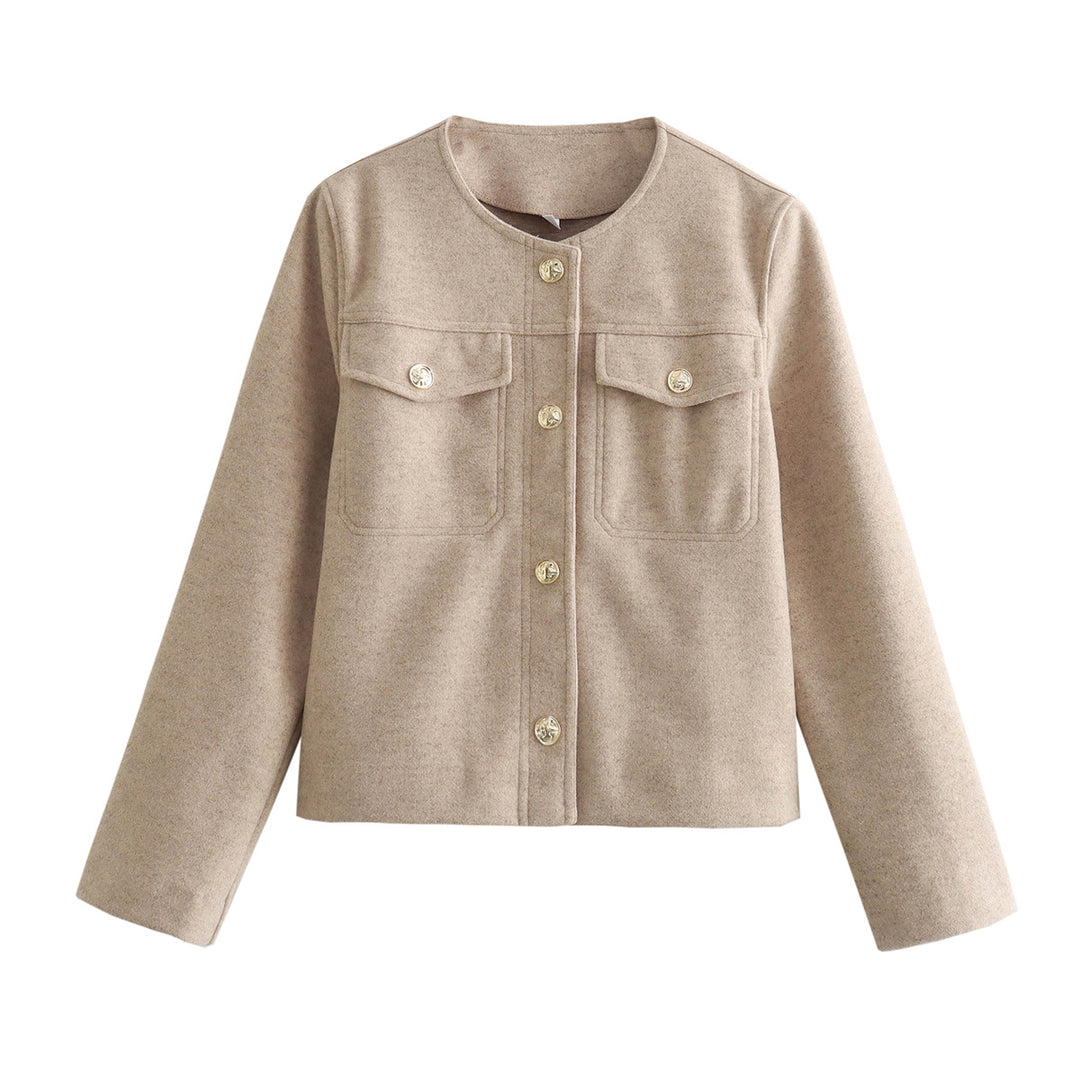 Damen elegante Modische Jacke mit zwei aufgesetzten Taschen und goldenen Knopfdetails EB