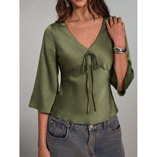 Damen Elegantes Oberteil mit Krawatte und weitem Ärmel EB