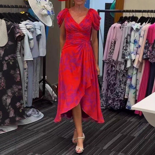 Damen nan festliches Chiffon-Midikleid mit gekreuztem V-Ausschnitt, taillenraffung und asymmetrischem Tulpenrock EB