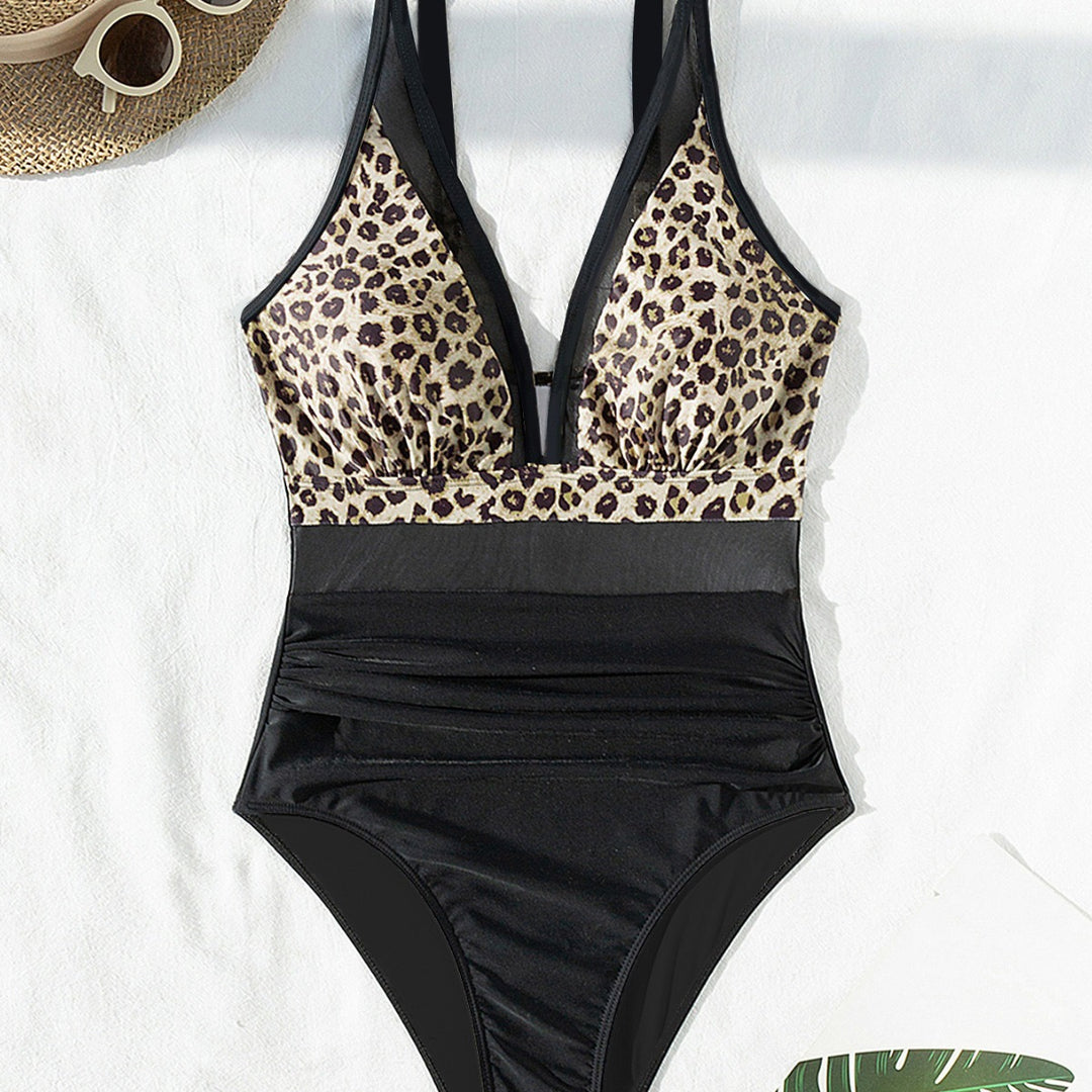 Damen Eleganter Badeanzug mit Tierdruck und Transparenten Einsätzen EB
