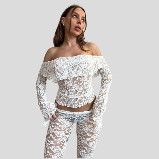 Damen Spitzen-Crop-Top mit weitem Ärmel und passenden Hose EB