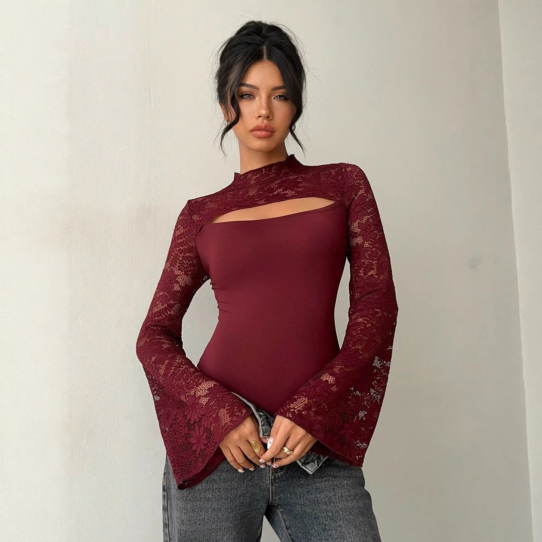 Damen Body mit transparenten Spitzenärmeln und modernem Cut-Out EB