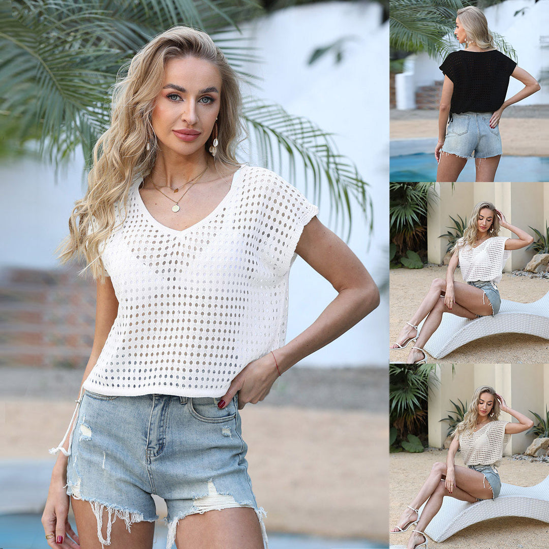 Damen luftige Häkelbluse mit elegantem V-Ausschnitt und Kordelzug EB