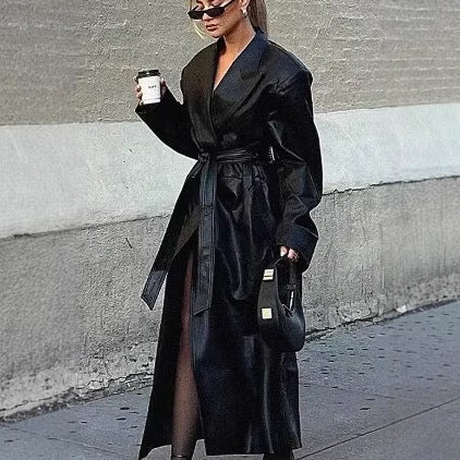 Damen elegante Kunstleder-Trenchcoat mit Gürtel EB