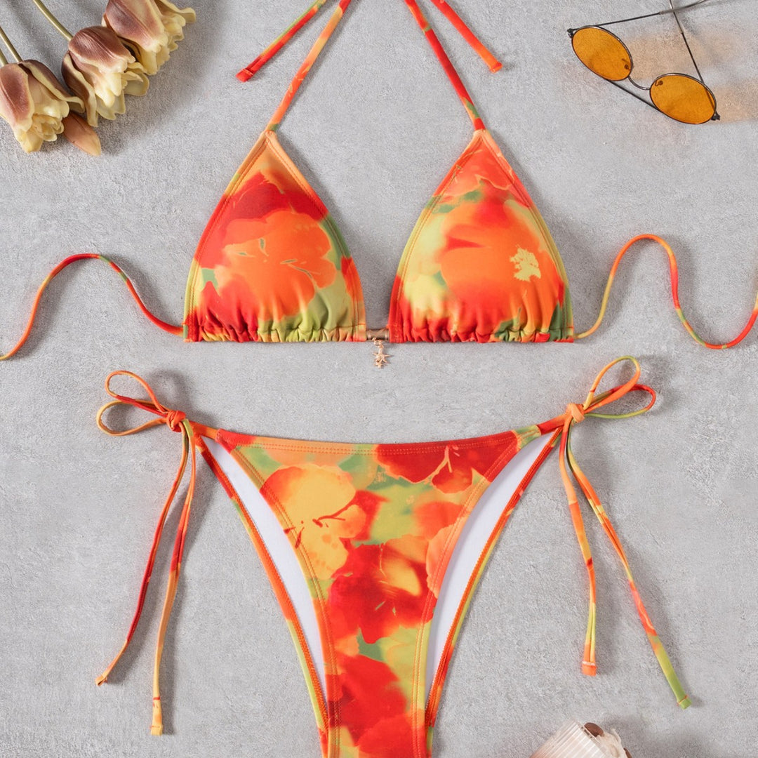 Damen Triangel-Bikini mit floralem Design und verstellbaren Bindebändern EB